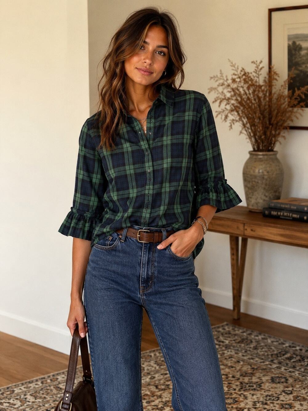 Gretchen Scott Plaid Ruffle Sleeve Button-Up Shirt Navy Green Women's Size Small